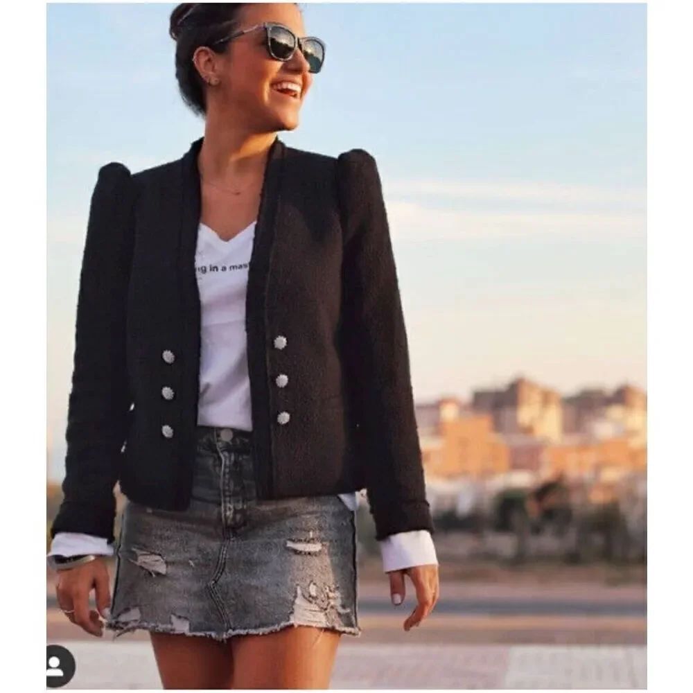 Zara poplin blazer tweed crystal buttons black puff shoulders XS